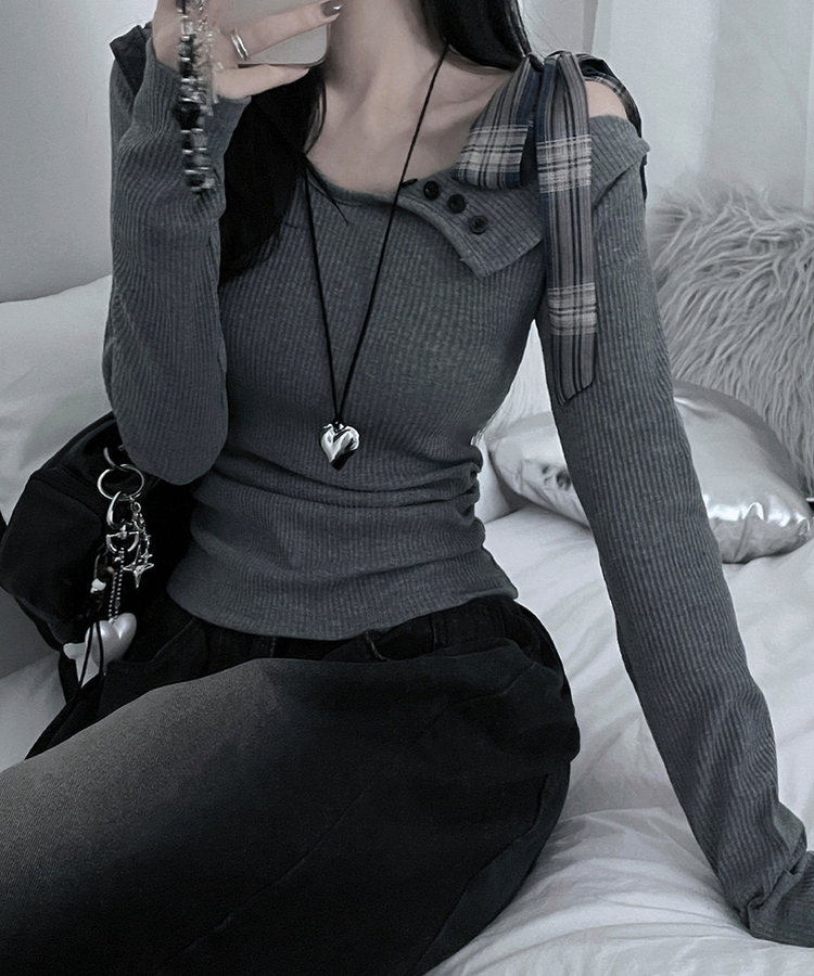 체크리본끈버튼오프숄더옆셔링슬림긴팔티 그레이