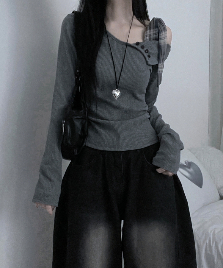 체크리본끈버튼오프숄더옆셔링슬림긴팔티 그레이