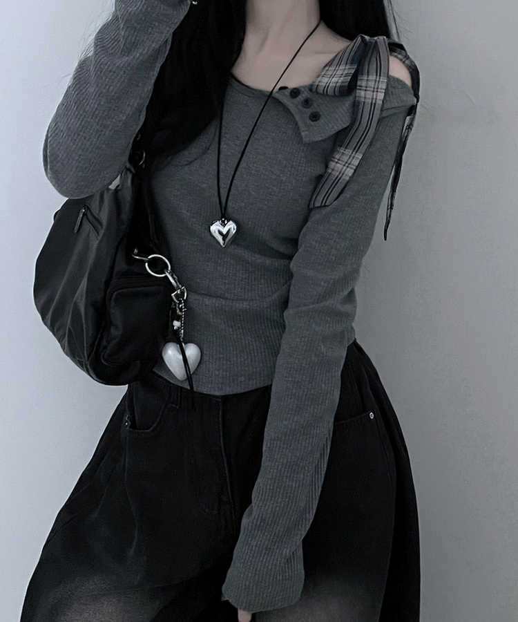 체크리본끈버튼오프숄더옆셔링슬림긴팔티 그레이