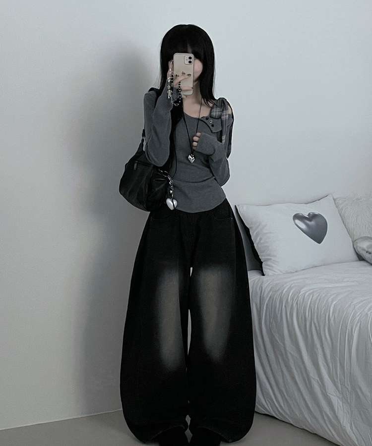 체크리본끈버튼오프숄더옆셔링슬림긴팔티 그레이