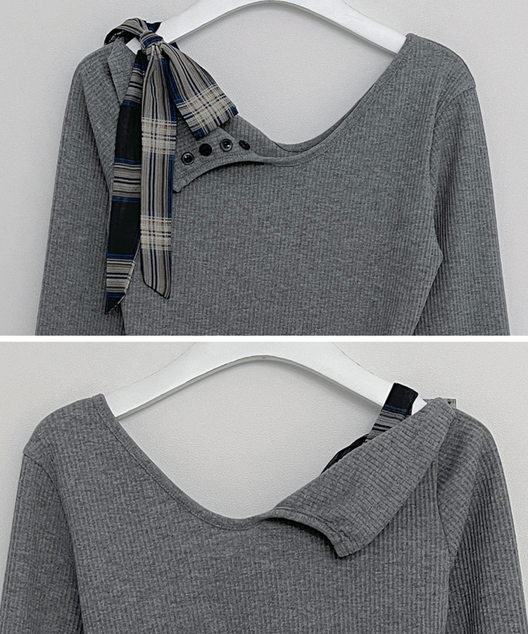 체크리본끈버튼오프숄더옆셔링슬림긴팔티