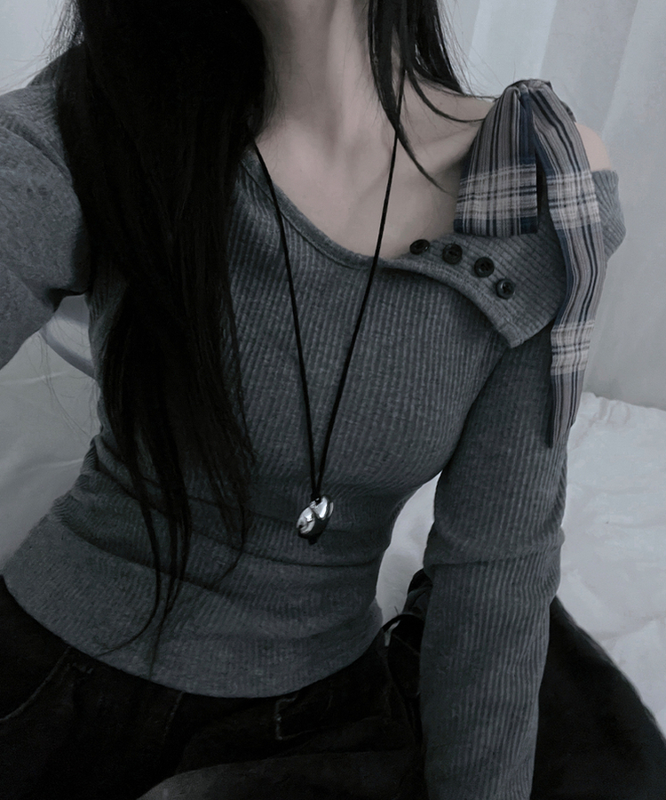 체크리본끈버튼오프숄더옆셔링슬림긴팔티 그레이