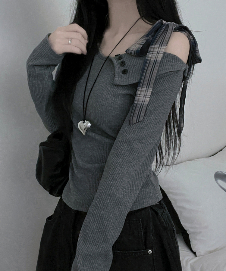 체크리본끈버튼오프숄더옆셔링슬림긴팔티 그레이