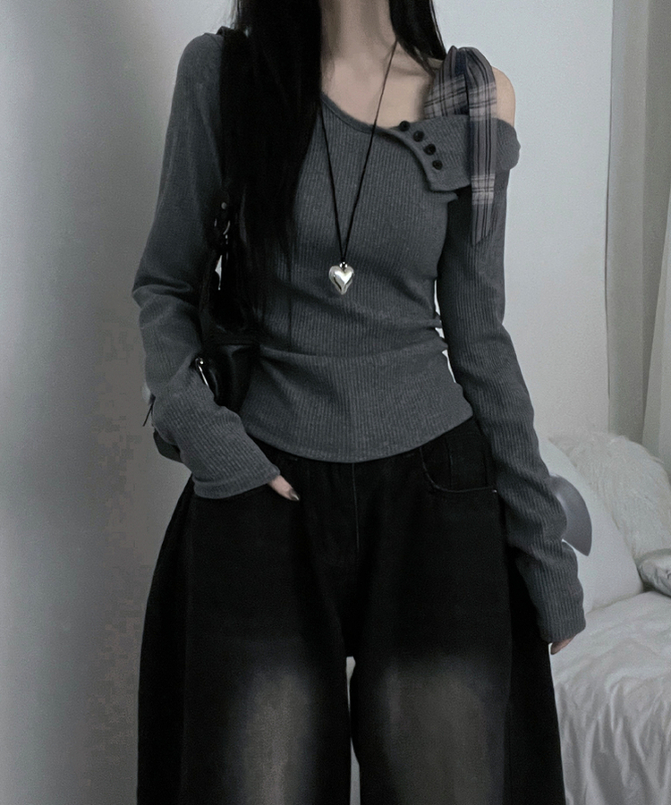 체크리본끈버튼오프숄더옆셔링슬림긴팔티 그레이