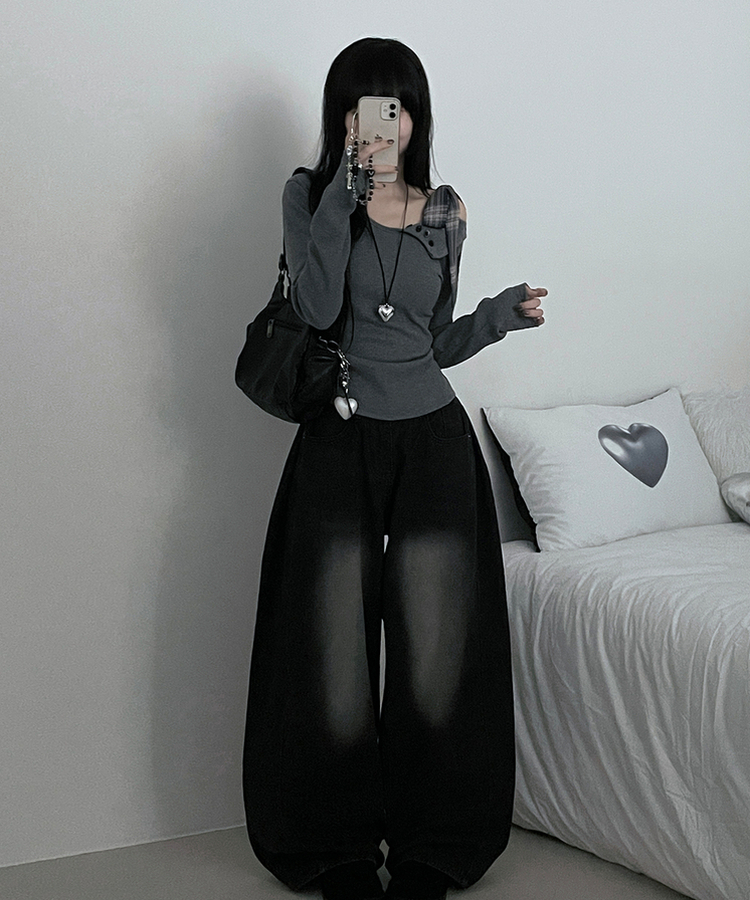 체크리본끈버튼오프숄더옆셔링슬림긴팔티 그레이