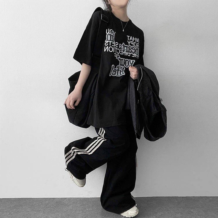 トラックラインコットンワイドパンツ BLACK