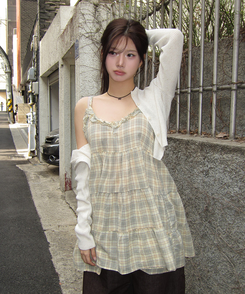 ミニワンピース フリルチェックティアードワンピース YELLOW