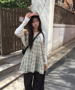 ミニワンピース フリルチェックティアードワンピース YELLOW