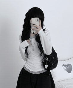 ボタンバイカラーレイヤード長袖Tシャツ WHITE