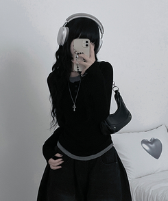 ボタンバイカラーレイヤード長袖Tシャツ BLACK