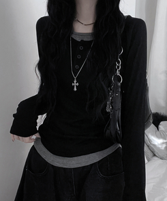 ボタンバイカラーレイヤード長袖Tシャツ BLACK