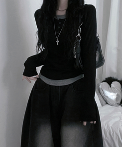 ボタンバイカラーレイヤード長袖Tシャツ BLACK