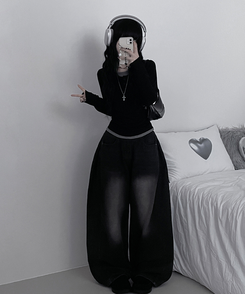 ボタンバイカラーレイヤード長袖Tシャツ BLACK