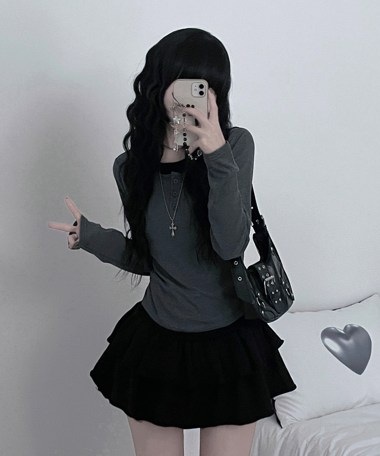 봄신상리카버튼배색레이어드긴팔티셔츠 차콜