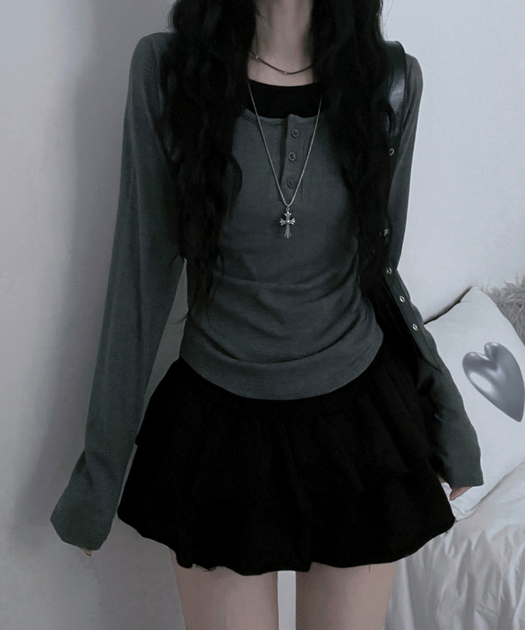 봄신상리카버튼배색레이어드긴팔티셔츠 차콜