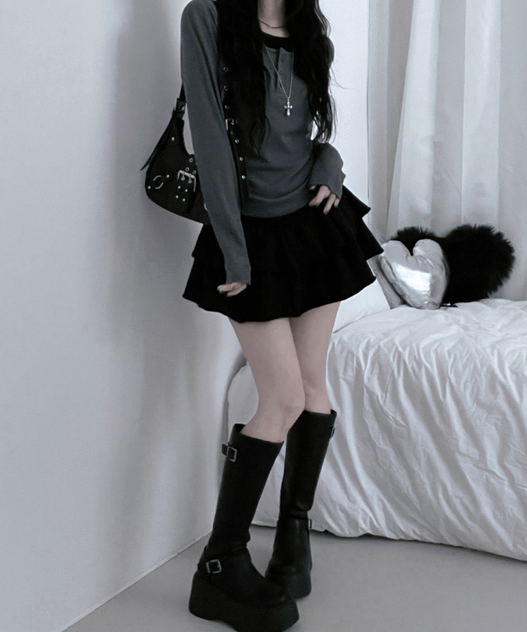 봄신상리카버튼배색레이어드긴팔티셔츠 차콜