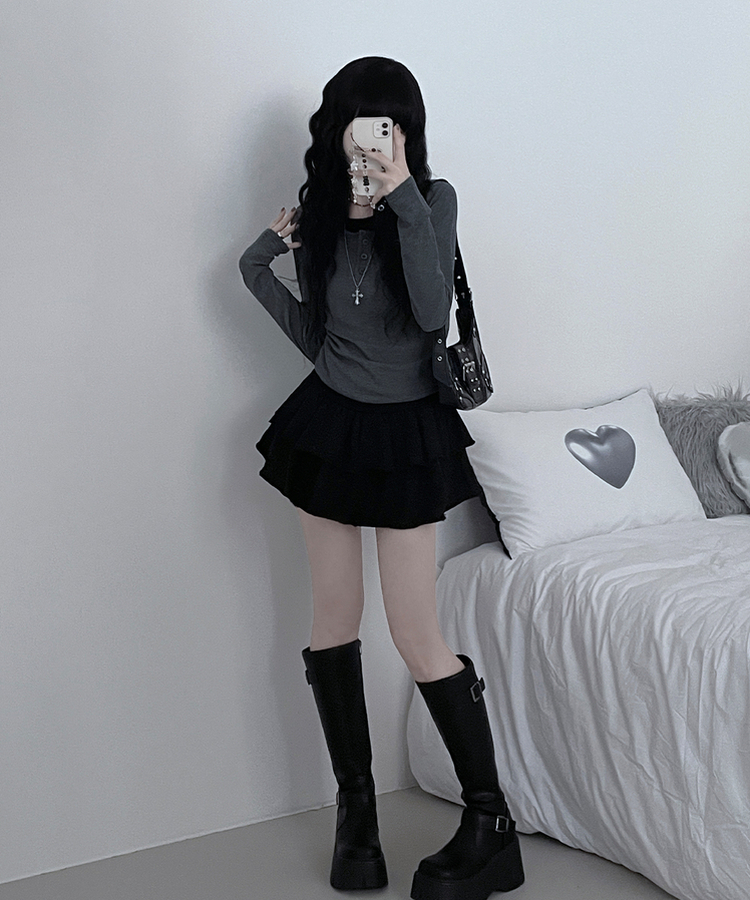 봄신상리카버튼배색레이어드긴팔티셔츠 차콜