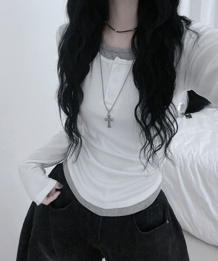 봄신상리카버튼배색레이어드긴팔티셔츠 화이트