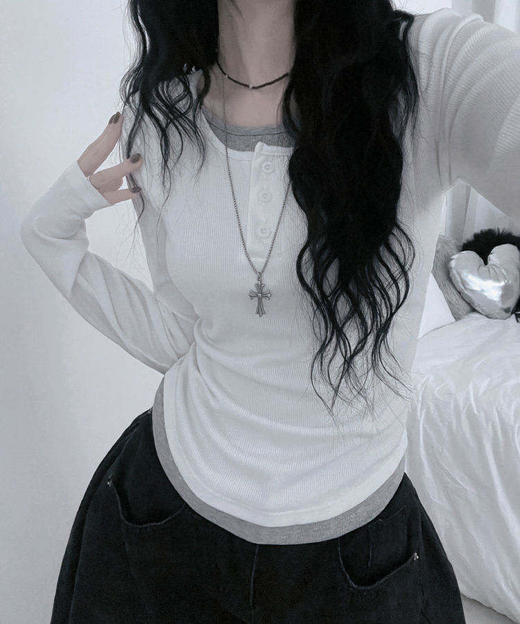 봄신상리카버튼배색레이어드긴팔티셔츠 화이트