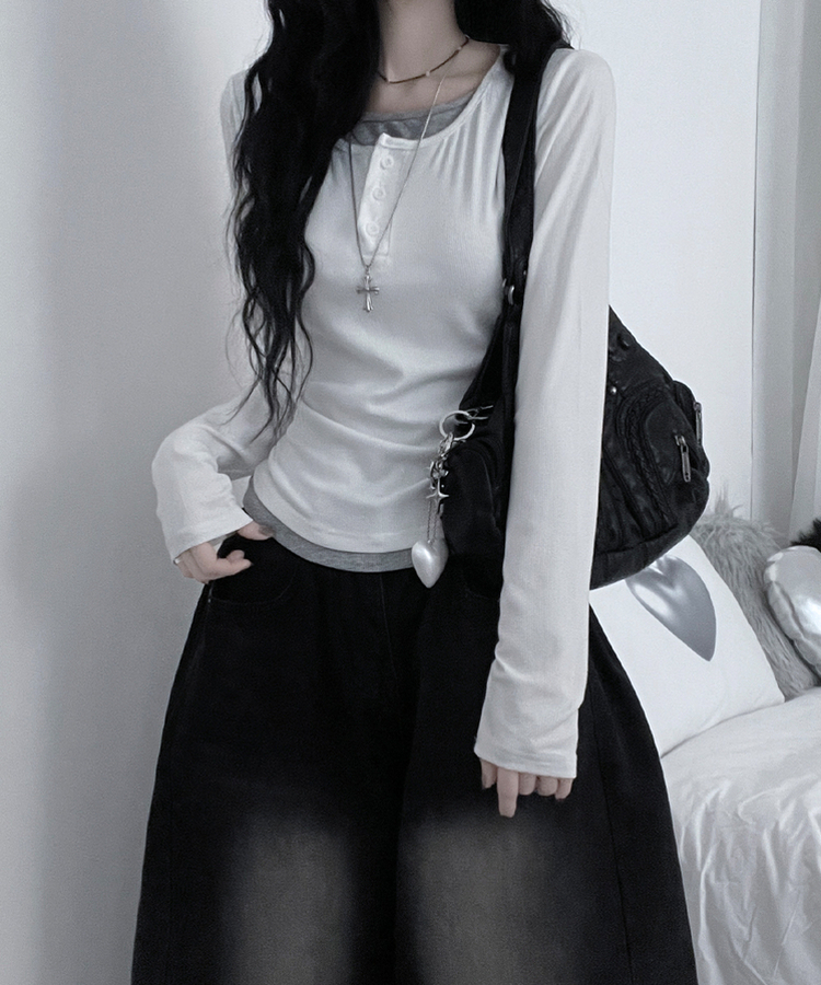 봄신상리카버튼배색레이어드긴팔티셔츠 화이트