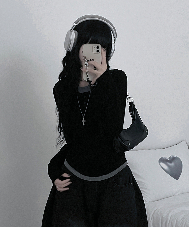 ボタンバイカラーレイヤード長袖Tシャツ BLACK