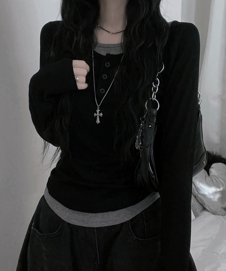 ボタンバイカラーレイヤード長袖Tシャツ BLACK