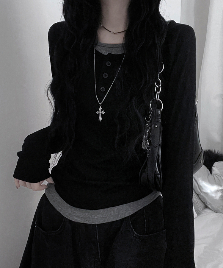 ボタンバイカラーレイヤード長袖Tシャツ BLACK