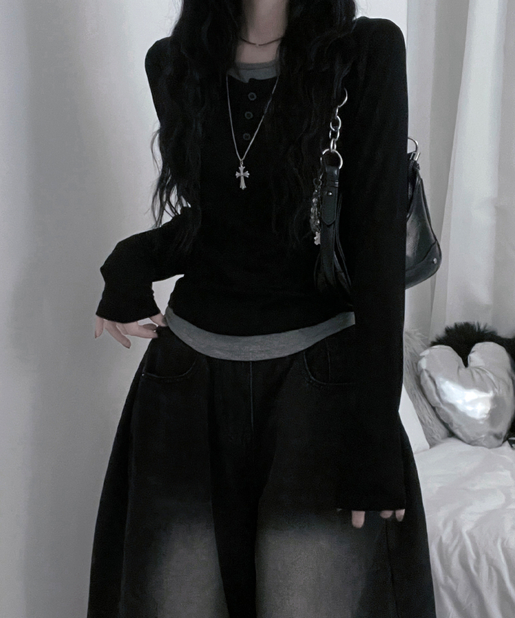 ボタンバイカラーレイヤード長袖Tシャツ BLACK