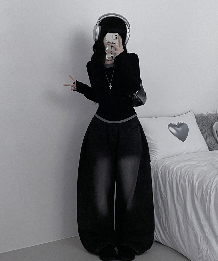 ボタンバイカラーレイヤード長袖Tシャツ BLACK