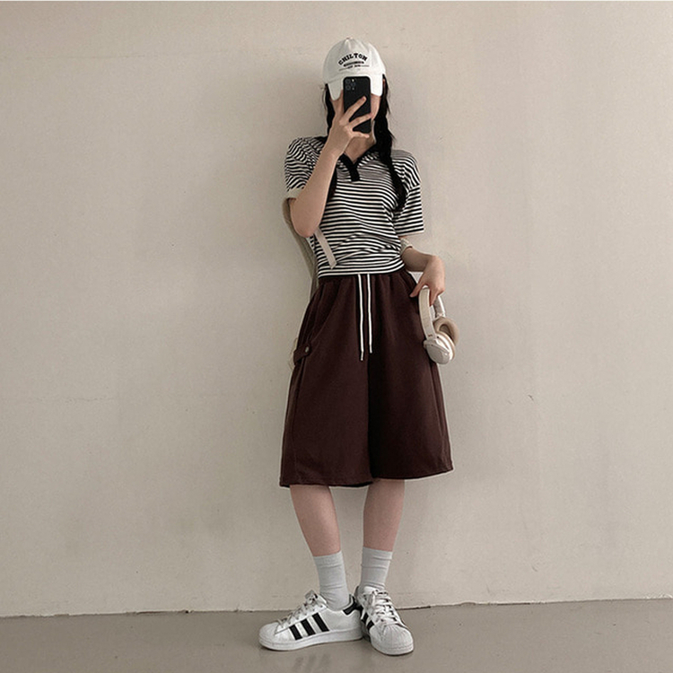 너디 사이드 비죠 트레이닝 반바지 버뮤다 팬츠 브라운