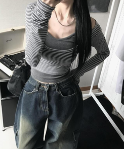 長袖Tシャツ 【SET】レイヤードストライプTシャツ CHARCOAL