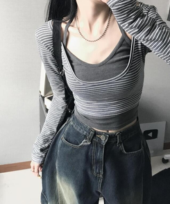 長袖Tシャツ 【SET】レイヤードストライプTシャツ CHARCOAL