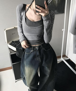 長袖Tシャツ 【SET】レイヤードストライプTシャツ CHARCOAL