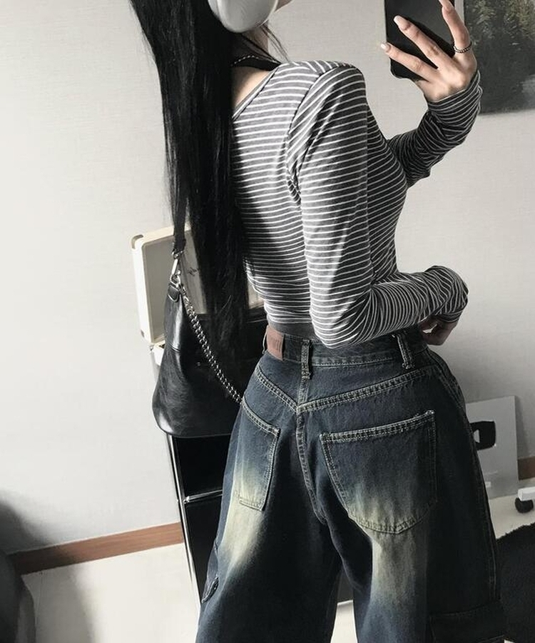 【SET】レイヤードストライプTシャツ CHARCOAL