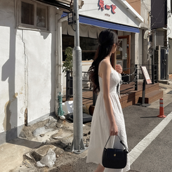 ロングワンピース リボンスモークロングワンピース IVORY