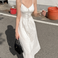 ロングワンピース リボンスモークロングワンピース IVORY