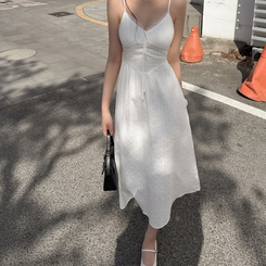 ロングワンピース リボンスモークロングワンピース IVORY