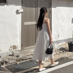 ロングワンピース リボンスモークロングワンピース IVORY