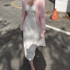 ロングワンピース リボンスモークロングワンピース IVORY