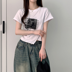 半袖Tシャツ アンバランスクロップ半袖Tシャツ WHITE