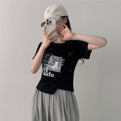 半袖Tシャツ アンバランスクロップ半袖Tシャツ BLACK