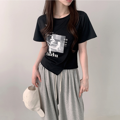 半袖Tシャツ アンバランスクロップ半袖Tシャツ BLACK