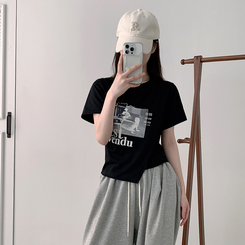 半袖Tシャツ アンバランスクロップ半袖Tシャツ BLACK