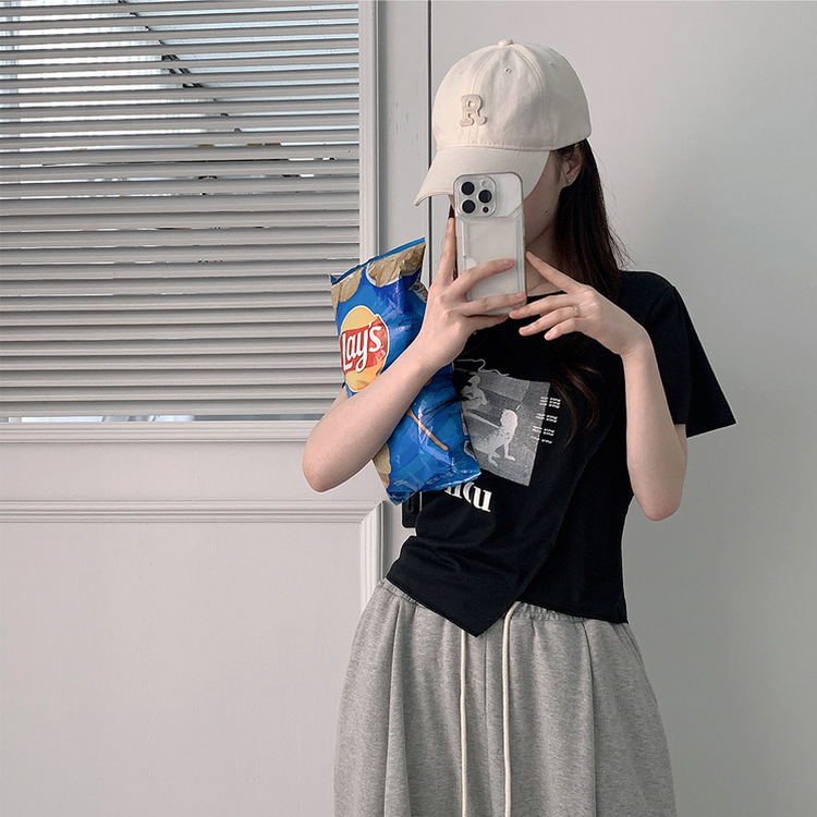アンバランスクロップ半袖Tシャツ BLACK