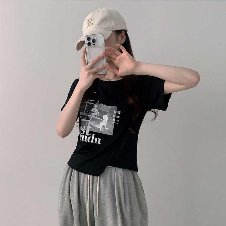 アンバランスクロップ半袖Tシャツ BLACK