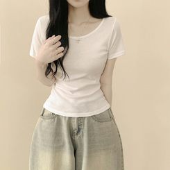 [필수템/인생반팔티] 기본 베이직 무지 라운드넥 데일리 세미크롭 슬림핏 유넥 반팔티셔츠 아이보리