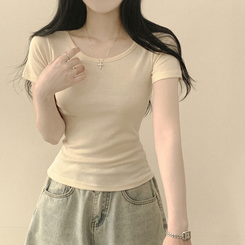 [필수템/인생반팔티] 기본 베이직 무지 라운드넥 데일리 세미크롭 슬림핏 유넥 반팔티셔츠 연베이지