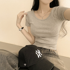 [필수템/인생반팔티] 기본 베이직 무지 라운드넥 데일리 세미크롭 슬림핏 유넥 반팔티셔츠 그레이