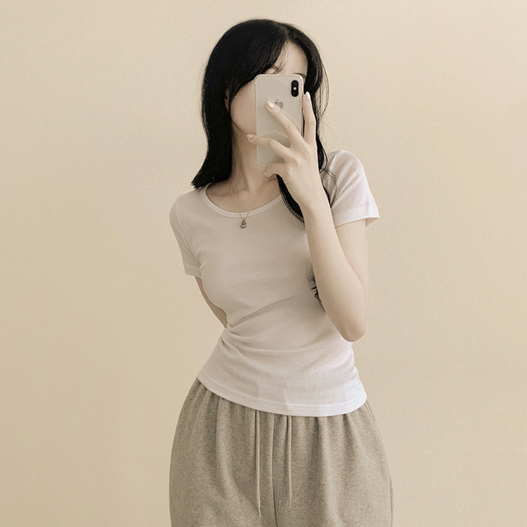 [필수템/인생반팔티] 기본 베이직 무지 라운드넥 데일리 세미크롭 슬림핏 유넥 반팔티셔츠 아이보리