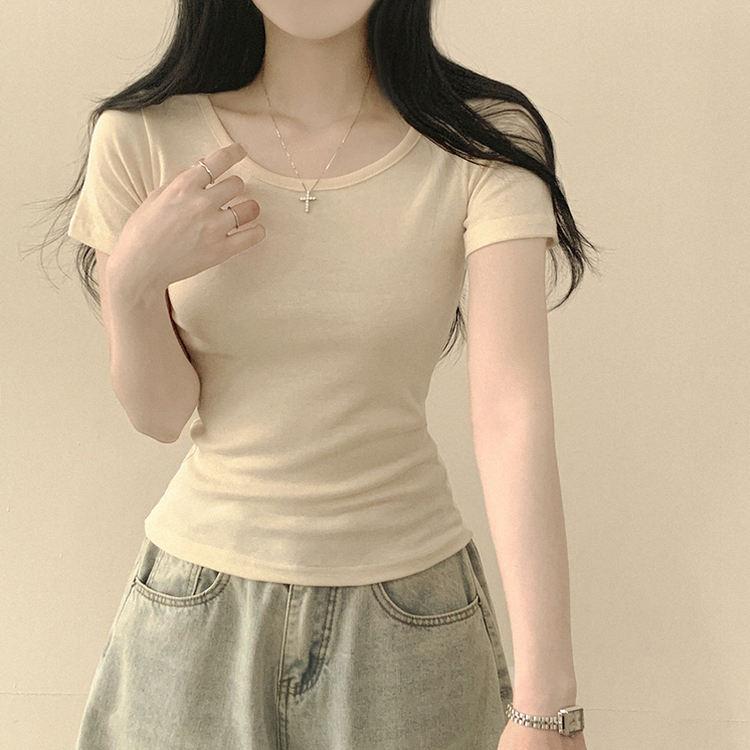 [필수템/인생반팔티] 기본 베이직 무지 라운드넥 데일리 세미크롭 슬림핏 유넥 반팔티셔츠 연베이지
